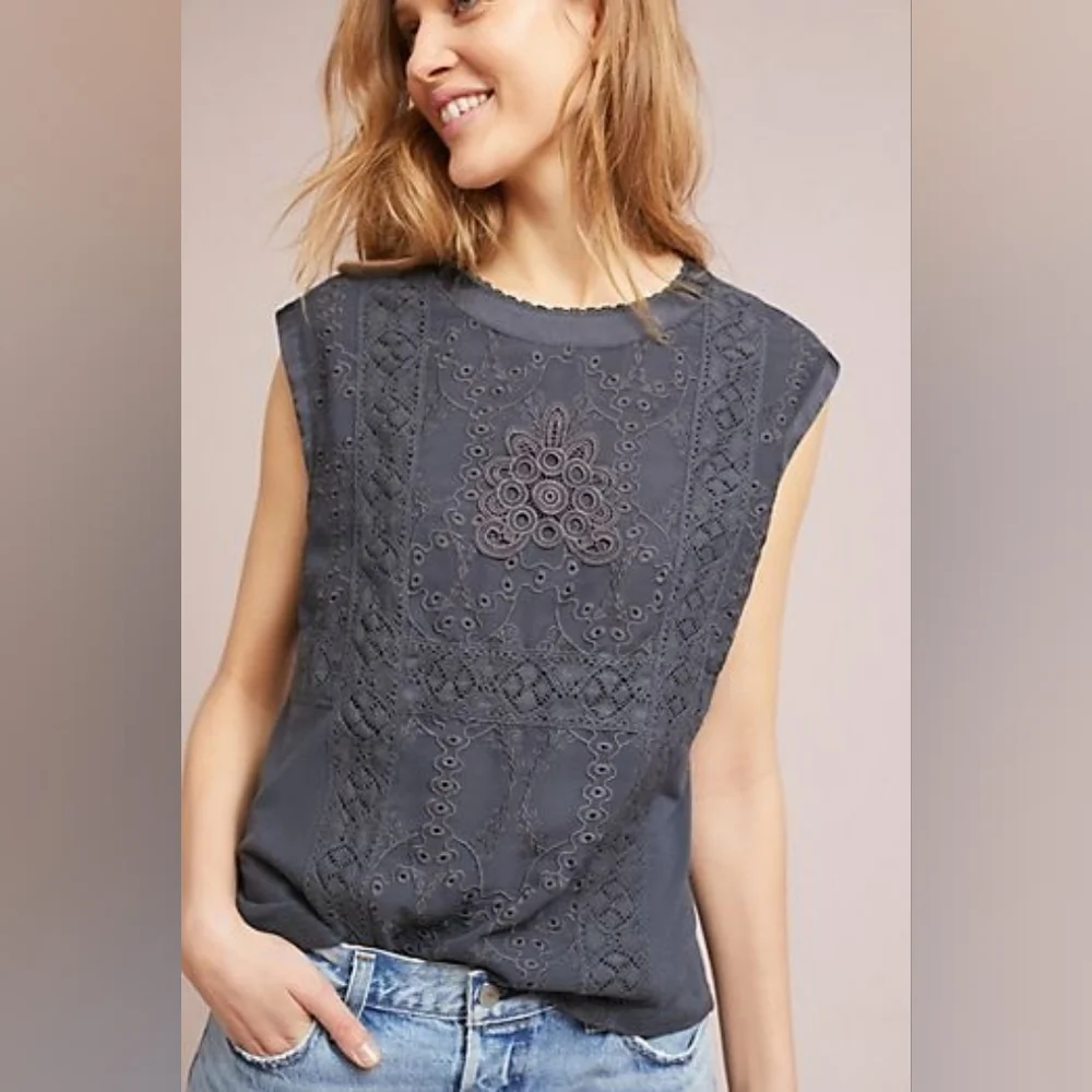 Tiny X Anthropologie Women's Embroidered Eyelet Lace Trim Sleeveless top Size L - Picture 13 of 13